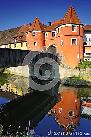 The colorful famous Biertor with the bridge across river Regen in Cham, Bavaria Stock Photo