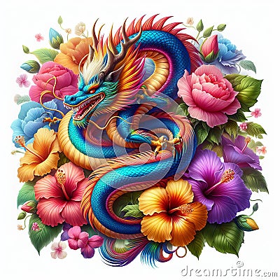 Fantastic dragon on the background of flowers, bitmap graphics Stock Photo