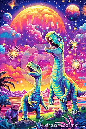 Colorful Fantasy Dinosaur Valley Illustration, Dinosaurs in a Fairytale multicolor Landscape, Generative AI Stock Photo