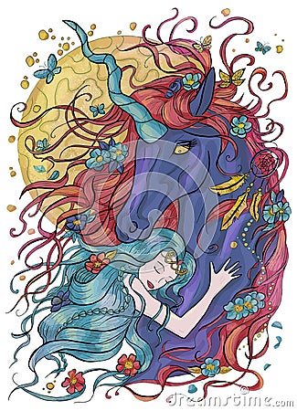 Colorful fantasy illustration with hand drawn beautiful fairy girl or princess and magic unicorn horse Vector Illustration