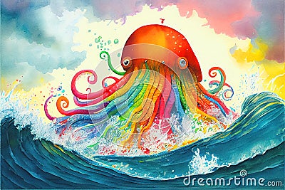 Colorful fantasy Kraken sea monster painting Cartoon Illustration