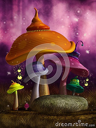 Colorful fantasy mushrooms with lanterns Stock Photo