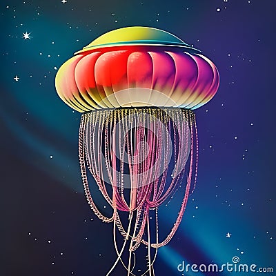 A fantasy sci-fi jellyfish in space, floating in space among the stars. Cartoon Illustration