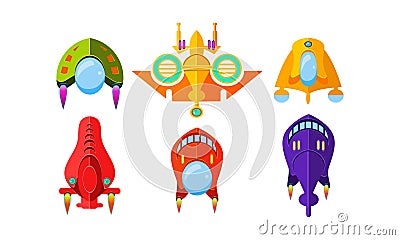 Colorful fantasy spaceships set, airplanes, alien aircraft, design elements for mobile or computer game interface vector Vector Illustration
