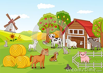 Colorful farmyard with animals and fruit orchard Vector Illustration