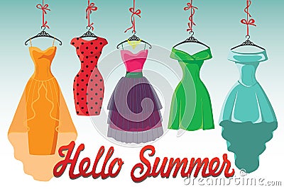 Colorful fashion colored dresses hang on ribbon.Hello summer! Vector Illustration