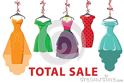 Colorful fashion colored dresses hang on ribbon.Total Sale Vector Illustration