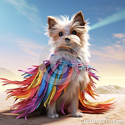 Colorful Fashion Feather Dog In Unreal Engine Style Stock Photo