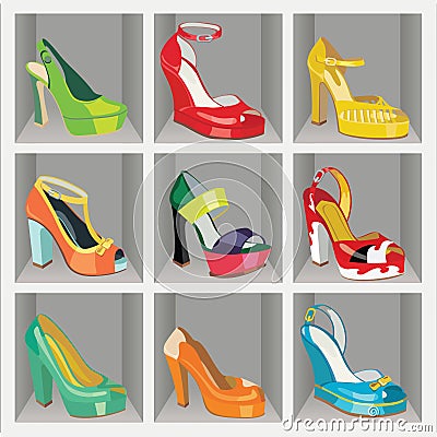 Colorful fashion womens High heel shoes in the war Vector Illustration