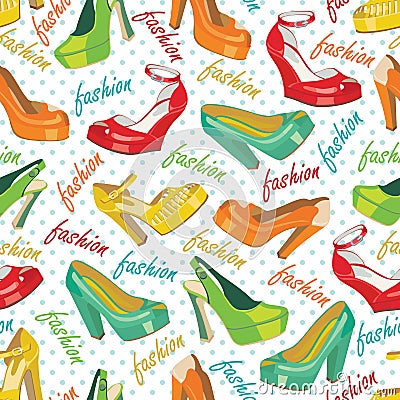 Colorful fashion womens shoes and polka dot.Seamle Vector Illustration