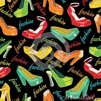 Colorful fashion womens shoes in seamless pattern. Vector Illustration