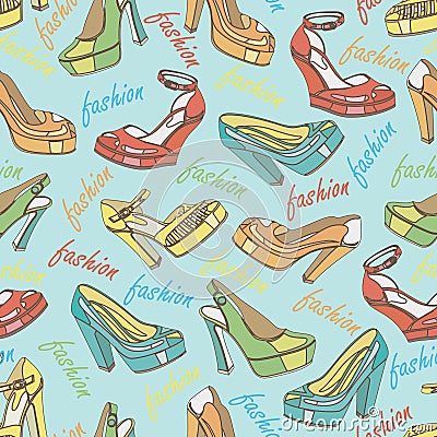 Colorful fashion womens shoes in seamless pattern. Vector Illustration