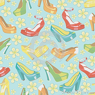 Colorful fashion womens shoes and spring flowers.S Vector Illustration
