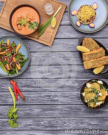 Colorful feast dinner table from above, top view. Healthy diet or lifestyle concept Stock Photo