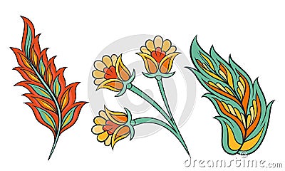 Colorful Feather and Floral Ornament Vector Set. Abstract Indian Linear Decorative Collection Vector Illustration