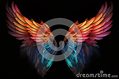 Colorful Feathered Wings Against a Black Background Stock Photo