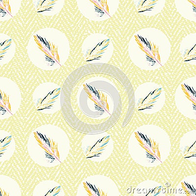 Colorful feathers in circles on textured textile background. Seamless vector pattern design print Stock Photo