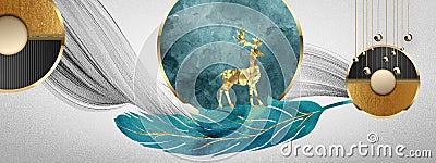 Colorful feathers, golden deer, and modern circle gray hand-painted background. 3d Minimalist canvas art wall frame decor Cartoon Illustration