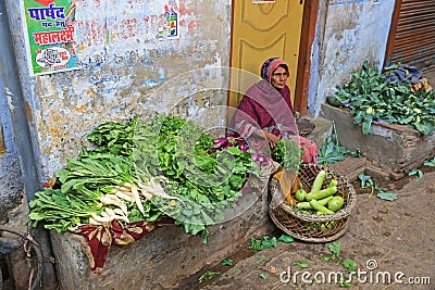 Colorful Female Vegetable Vendor, India Editorial Stock Photo