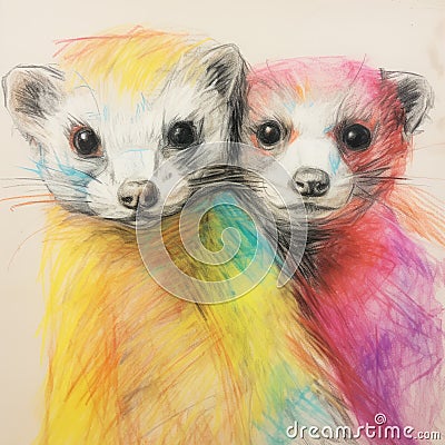 Colorful Ferrets: A Vibrant Spray Painted Realism Drawing Stock Photo