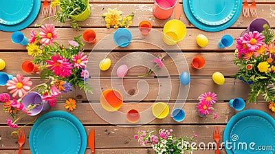 Colorful Festive Easter Picnic Table For Kids With A Variety of Easter Eggs and Flowers Stock Photo
