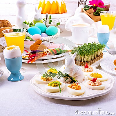 A colorful and festive Easter table decoration Stock Photo