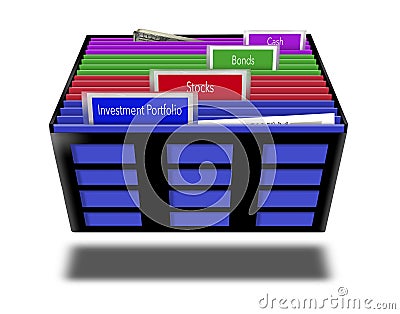 Colorful file folders with labels show a person`s record keeping regarding an investment portfolio. Tabs include stocks, bonds an Cartoon Illustration