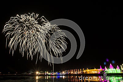 Colorful firework festival on SEA SALT & LIGHT at Phetchaburi province Editorial Stock Photo
