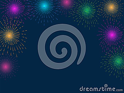 Colorful fireworks on blue gradient background. vector Festive background. copy space Vector Illustration