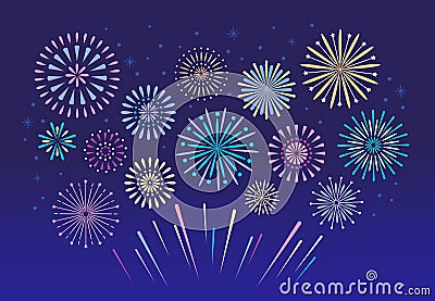 Colorful fireworks. Celebration fire firework, christmas pyrotechnics firecracker for festival background isolated Vector Illustration