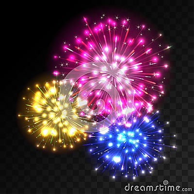 Colorful fireworks explosion on transparent background. Vector Illustration