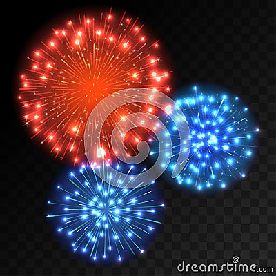 Colorful fireworks explosion on transparent background. Vector Illustration