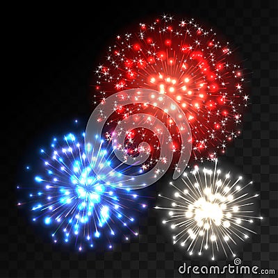 Colorful fireworks explosion on transparent background. Vector Illustration