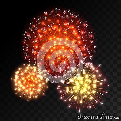 Colorful fireworks explosion on transparent background. Vector Illustration