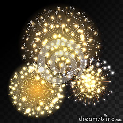 Colorful fireworks explosion on transparent background. Vector Illustration