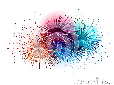 Colorful fireworks, explosion on white isolated background. New Year's fun and festiv Vector Illustration