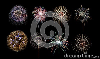 Colorful fireworks isolated on black background Stock Photo