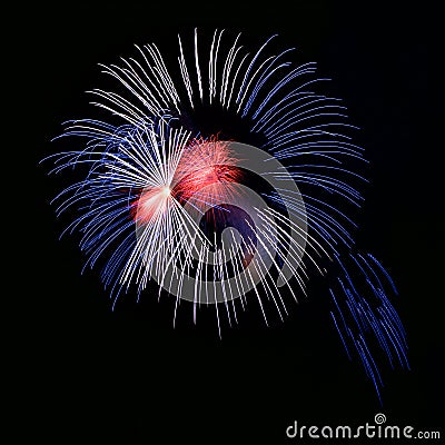 Colorful fireworks isolated in dark sky background with space for text, Malta fireworks festival, Independence day, explode, gold Stock Photo