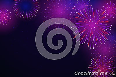 Colorful fireworks in the night starry sky. Bright fireworks on a dark background. Background for party, festive design. Vector Vector Illustration