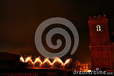 Colorful Fireworks in pyromusical show in Elche Stock Photo