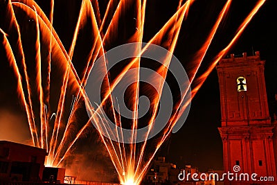 Colorful Fireworks in pyromusical show in Elche Stock Photo