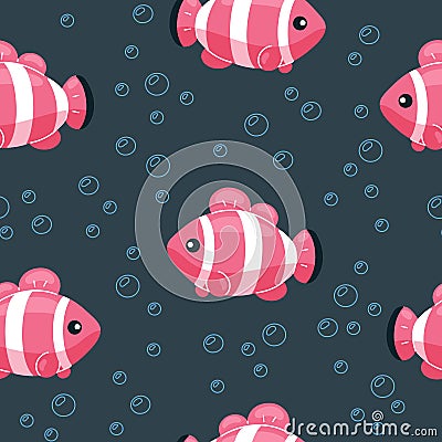 Colorful fish seamless pattern. Underwater life background in cartoon style. Hand drawn tropical fish on backdrop with bubbles. Stock Photo