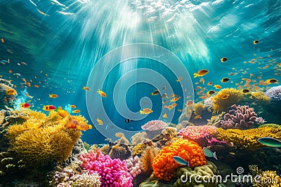 Colorful fish swimming in underwater coral reef landscape. Deep blue ocean with colorful fish and marine life Stock Photo