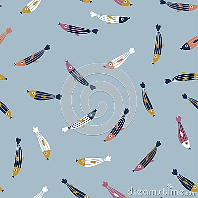 Colorful fishes on the blue background. Abstract vector seamless pattern in flat style. Cute sea fabric design Vector Illustration