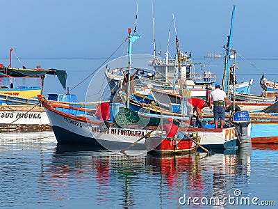 Colorful fishing boats anchored in Paracas Bay, Peru Editorial Stock Photo