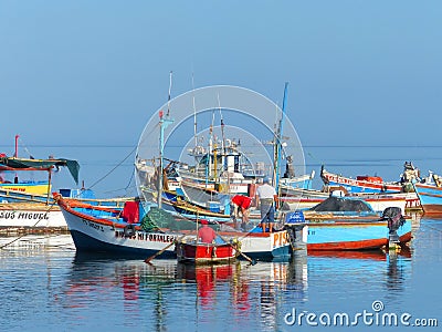 Colorful fishing boats anchored in Paracas Bay, Peru Editorial Stock Photo