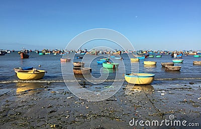 Colorful fishing boats on the beach in southern Vietnam Editorial Stock Photo