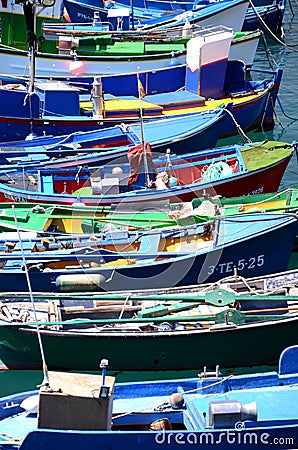 Colorful fishing boats in fishing harbor in Las Galletas on Tenerife. Editorial Stock Photo