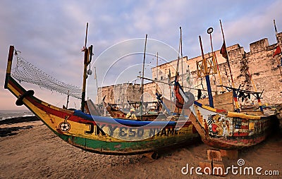 Colorful fishing boats in Anomabu, Ghana Editorial Stock Photo