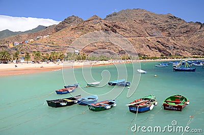 Colorful fishing boats on Teresitas beach on Tenerife Editorial Stock Photo